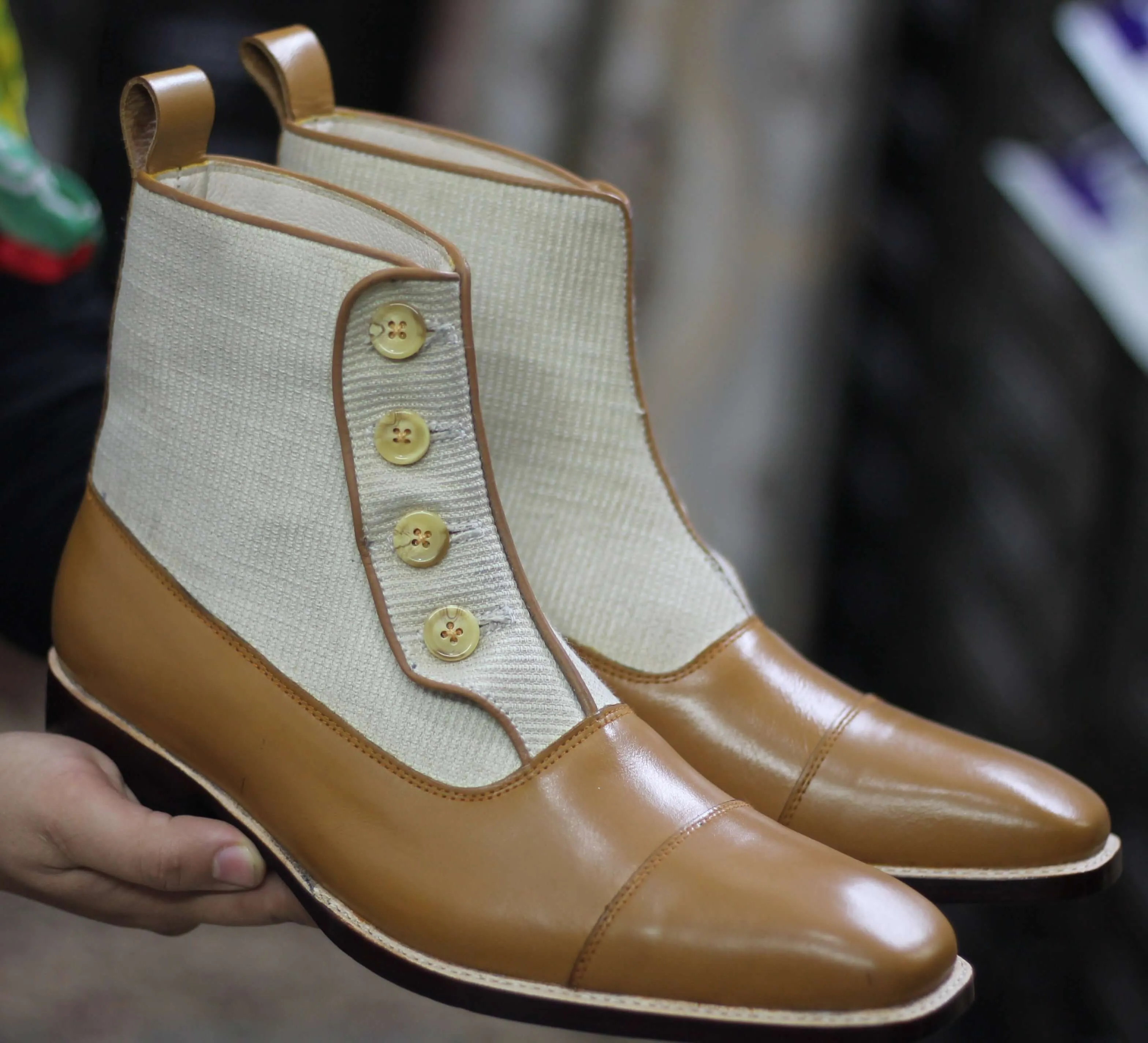 Bespoke Beige Brown Pebbled Leather Suede Ankle Button Top Boots