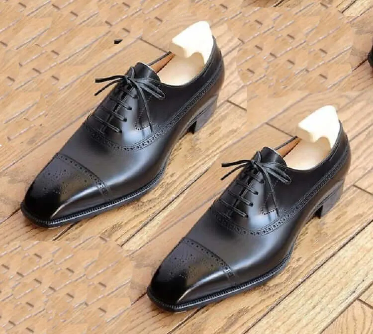 Bespoke Black Leather Cap Toe Lace Up Shoes