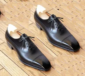 Bespoke Black Leather Cap Toe Lace Up Shoes