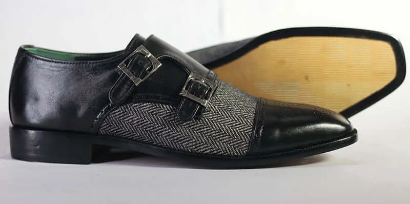 Bespoke Black Tweed Suede Monk Strap Shoe for Men