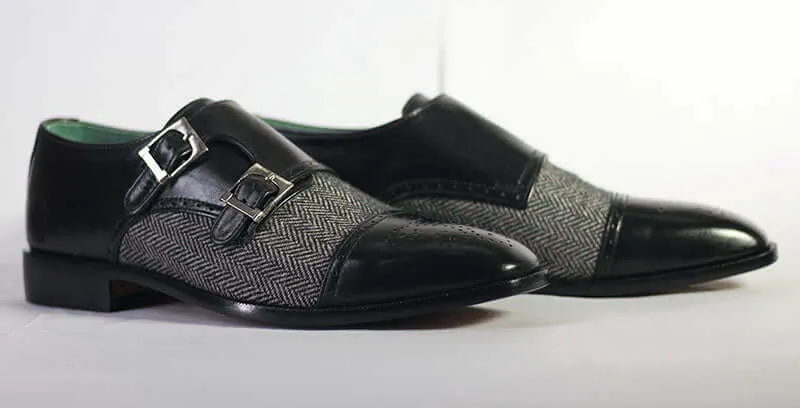 Bespoke Black Tweed Suede Monk Strap Shoe for Men