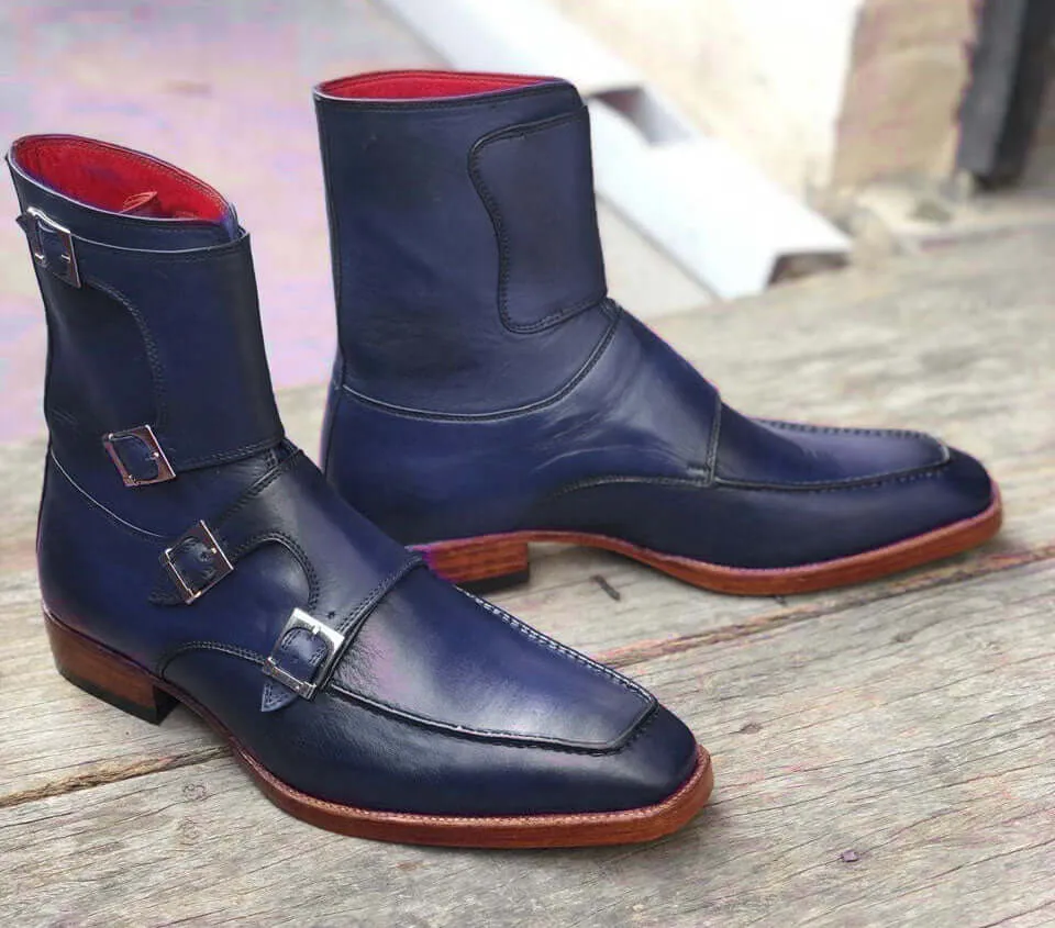 Bespoke Blue Leather Ankle Three Monk Strap Boot