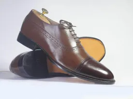 Bespoke Brown and Dark Brown Leather Cap Toe Lace Up Shoe for Men