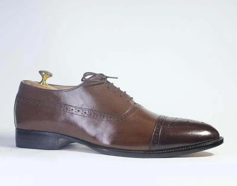 Bespoke Brown and Dark Brown Leather Cap Toe Lace Up Shoe for Men