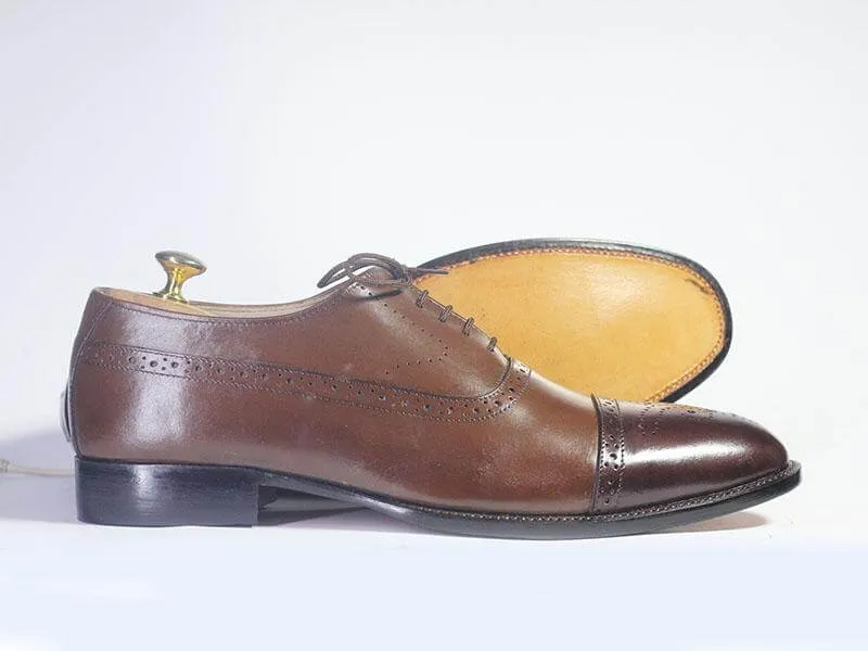 Bespoke Brown and Dark Brown Leather Cap Toe Lace Up Shoe for Men