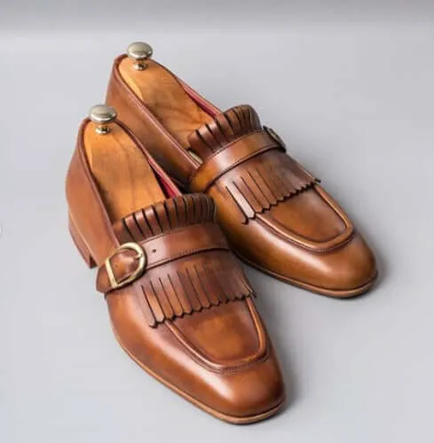 Bespoke Brown Fringe Monk Strap Shoes for Men's