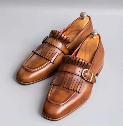 Bespoke Brown Fringe Monk Strap Shoes for Men's