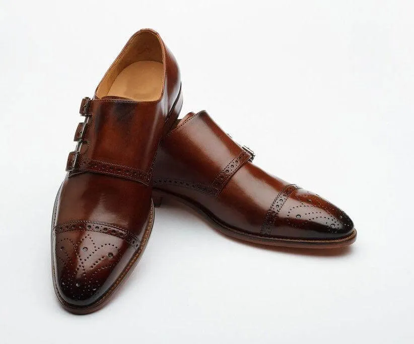 Custom Brown Leather Triple Monk Strap Cap Toe Shoes.