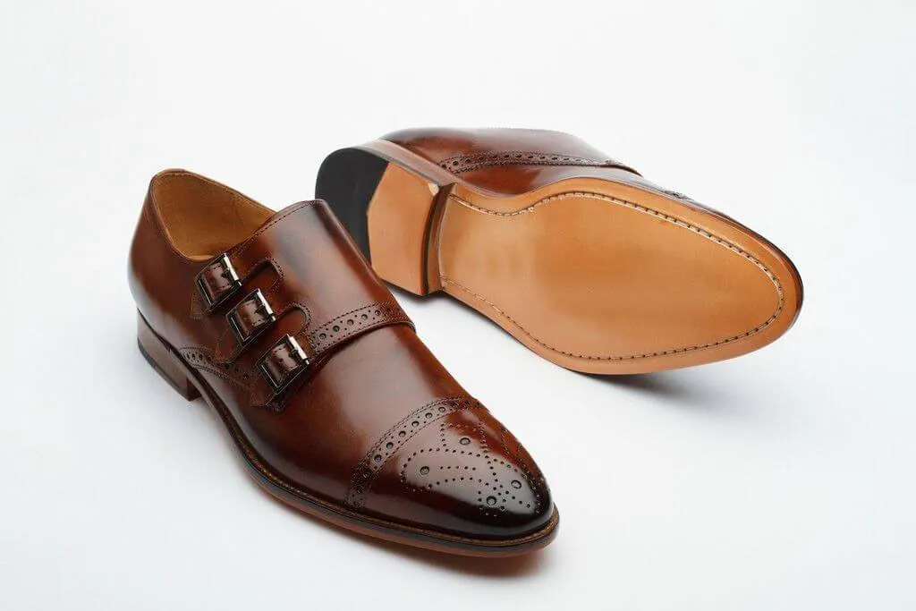 Custom Brown Leather Triple Monk Strap Cap Toe Shoes.