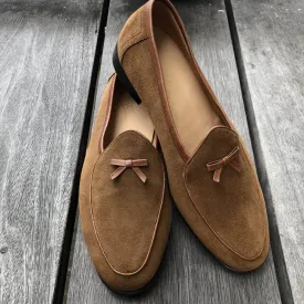 Bespoke Brown Round Toe Suede Tussle Loafer Shoes for Men