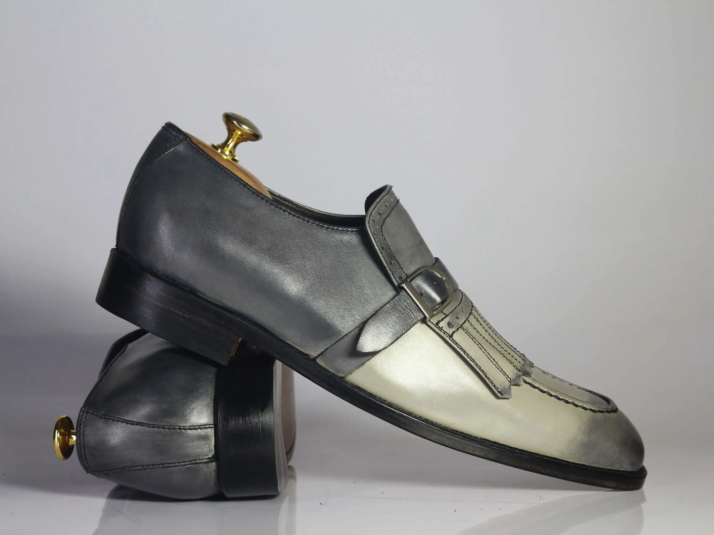 Bespoke Gray Leather Fringe Buckle Up Loafer Shoe for Men