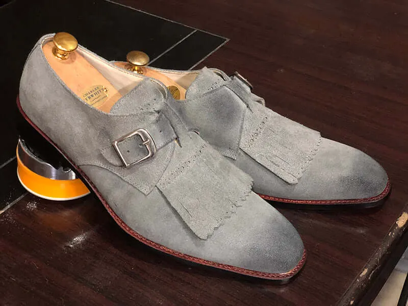 Bespoke Gray Leather Fringe Buckle Up Shoe for Men