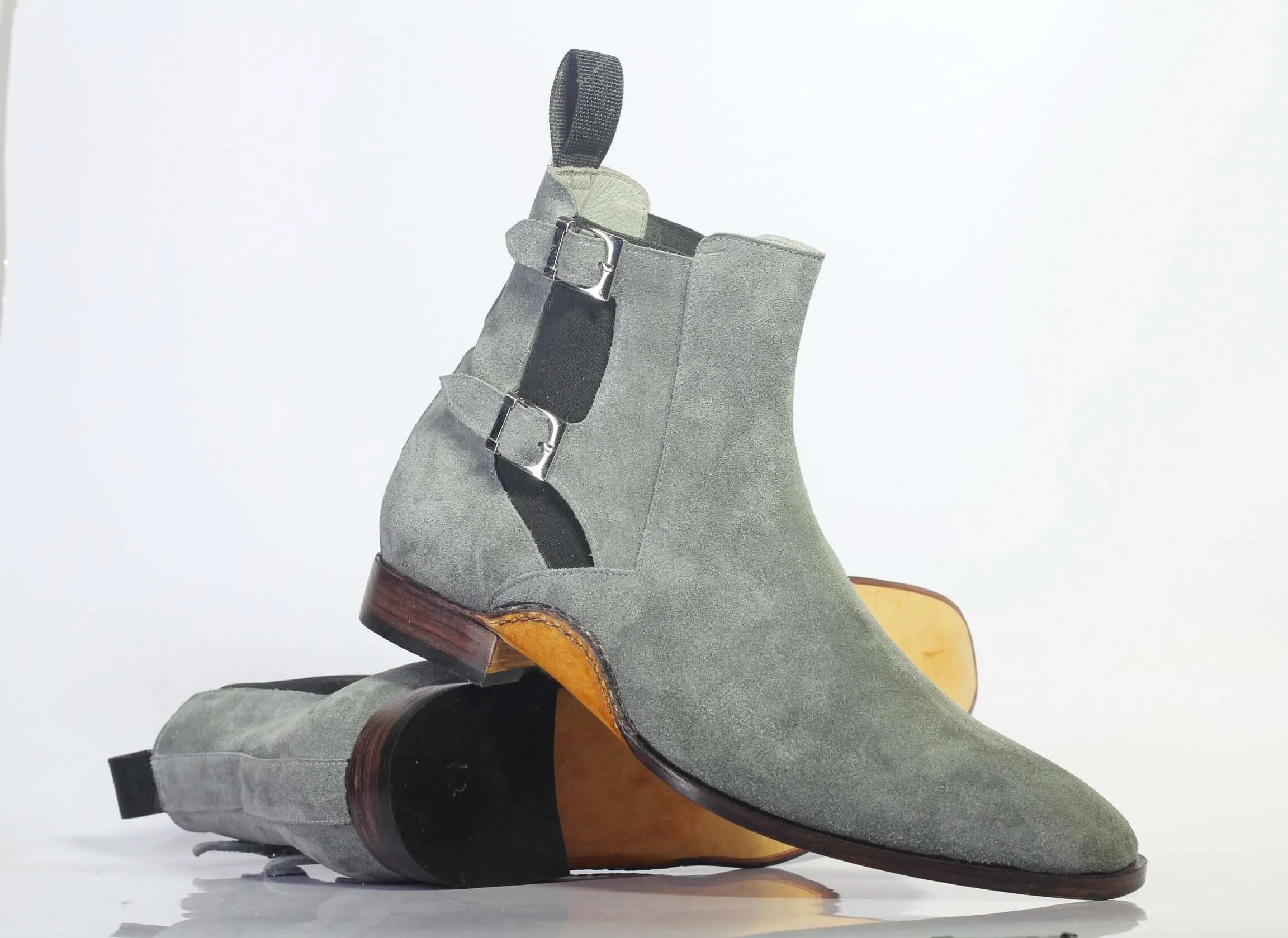 Bespoke Gray Suede High Ankle Buckle Up Stylish Boots