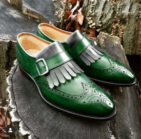 Bespoke Green Gray Leather Fringe Wing Tip Monk Strap Shoe for Men