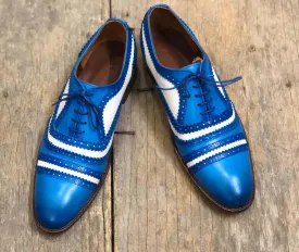 Bespoke Sky Blue&White Leather Cap Toe Lace Up Shoes for Men's