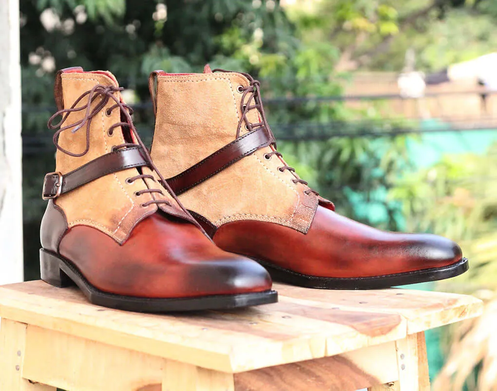 Bespoke Tan Brown Leather Suede Buckle Up Ankle High Boots