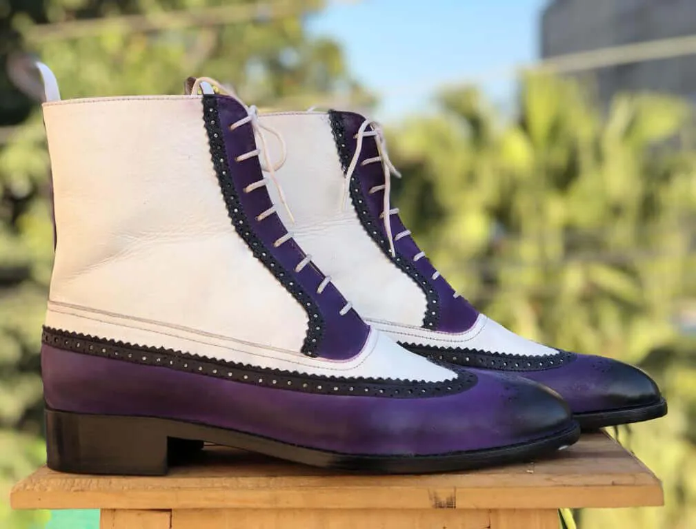 Bespoke White & Purple Leather High Ankle Wing Tip Boot