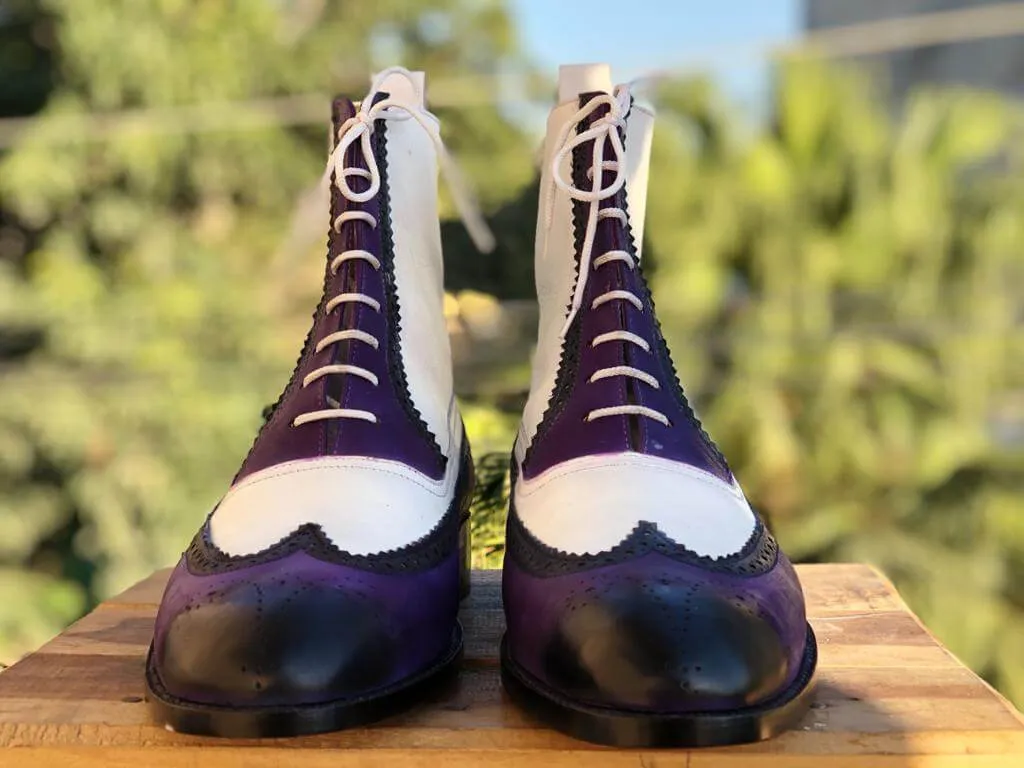 Bespoke White & Purple Leather High Ankle Wing Tip Boot