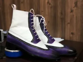 Bespoke White & Purple Leather High Ankle Wing Tip Boot