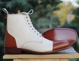 Bespoke White and Brown Leather High Ankle Lace Up Boots