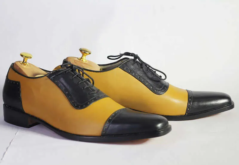 Bespoke Yellow & Black Leather Cap Toe Lace Up Shoe for Men's