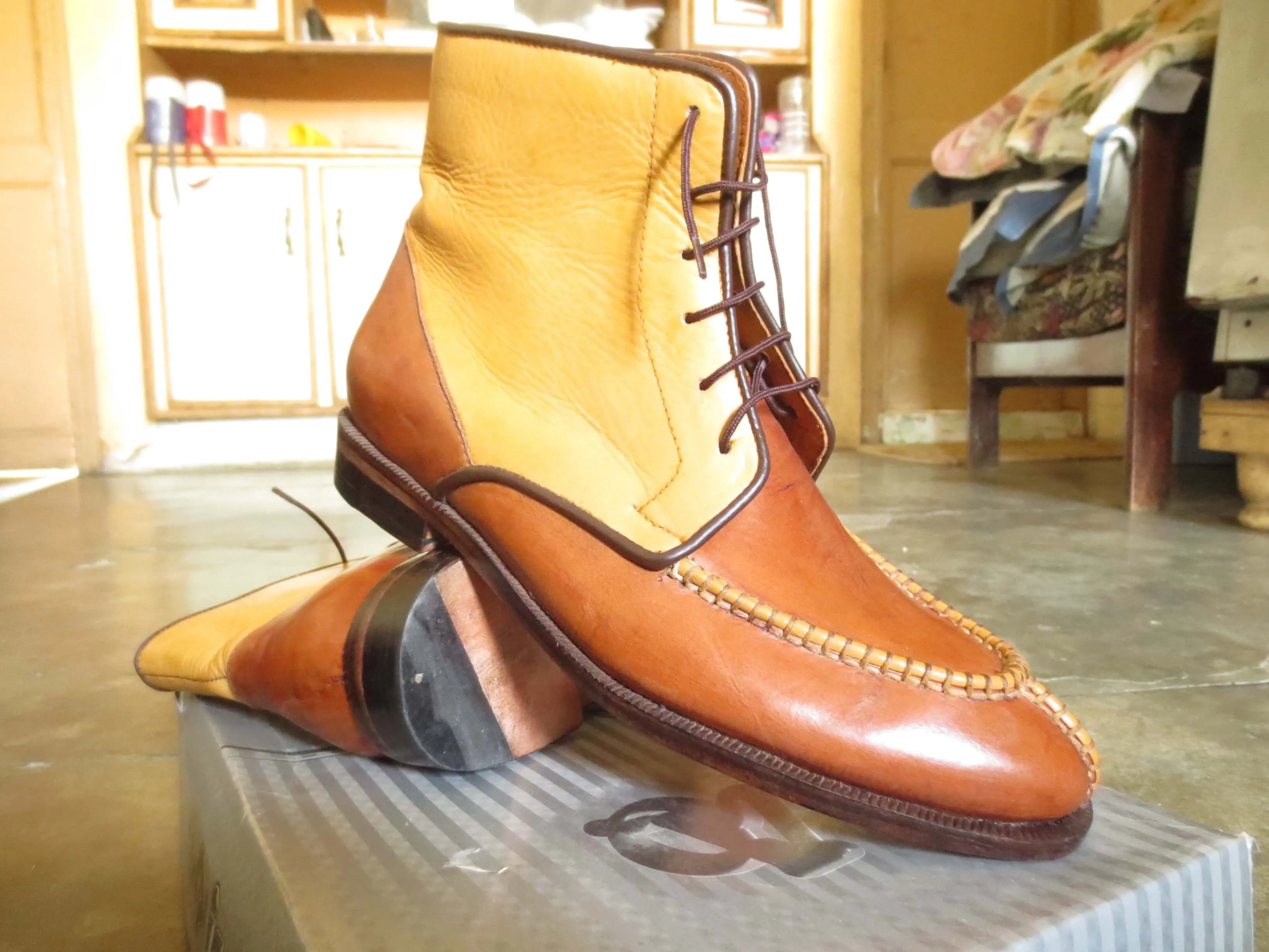 Bespoke Yellow Tan Lace Up Leather Boots