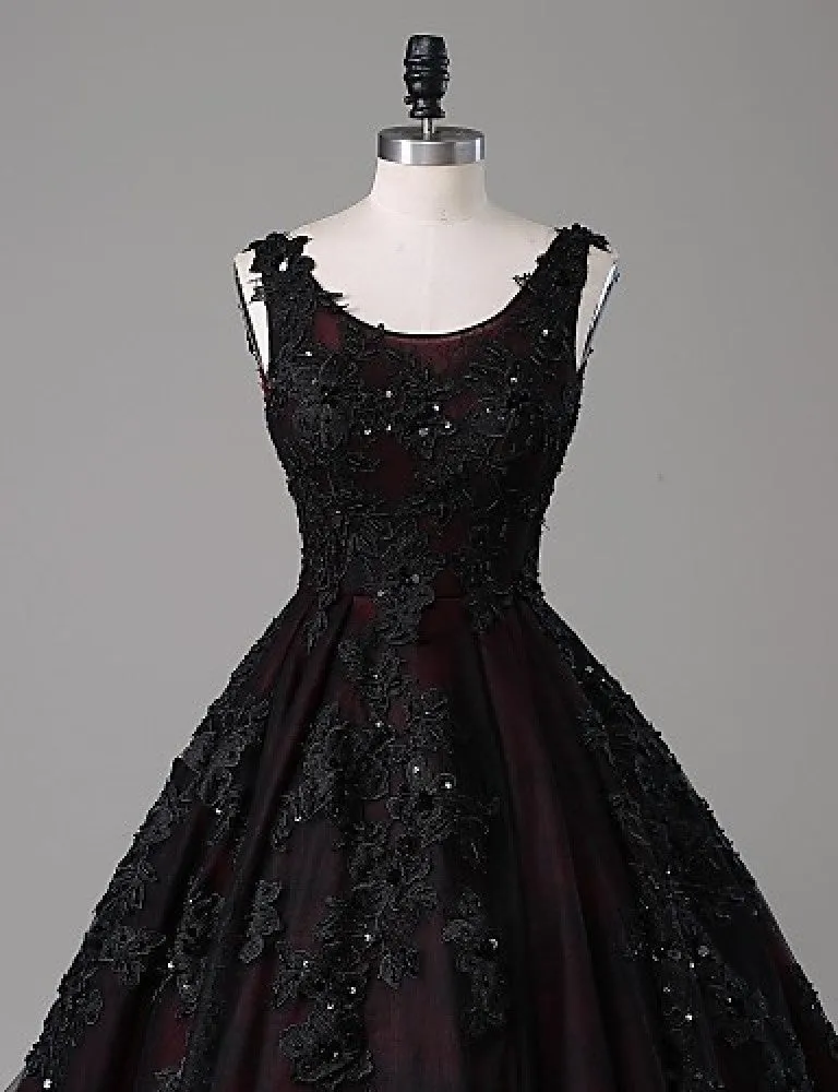 Black and Red Round Neckline Lace Wedding Party Dress, Black and Red Party Dress