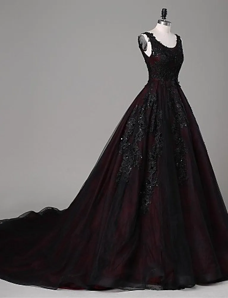 Black and Red Round Neckline Lace Wedding Party Dress, Black and Red Party Dress