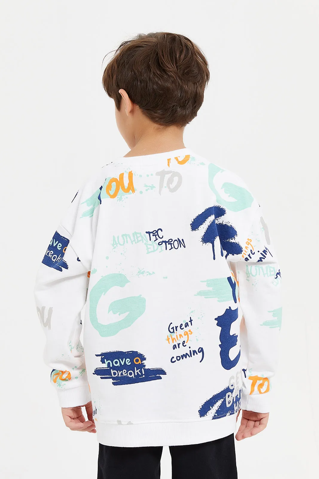 Boys White Print Oversize Sweatshirt