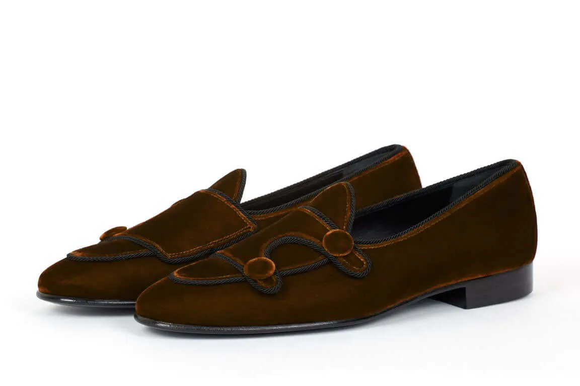 Brown Belgina Loafer Velvet Shoes, Double Monk Style Men Party Shoes