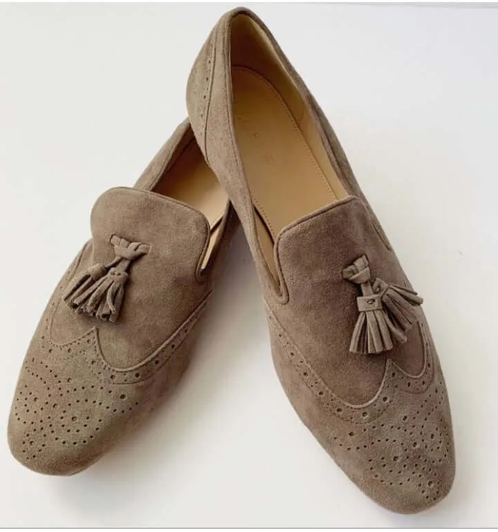 Handmade Best Selling Beige Tussels Wing Tip Loafer Shoes