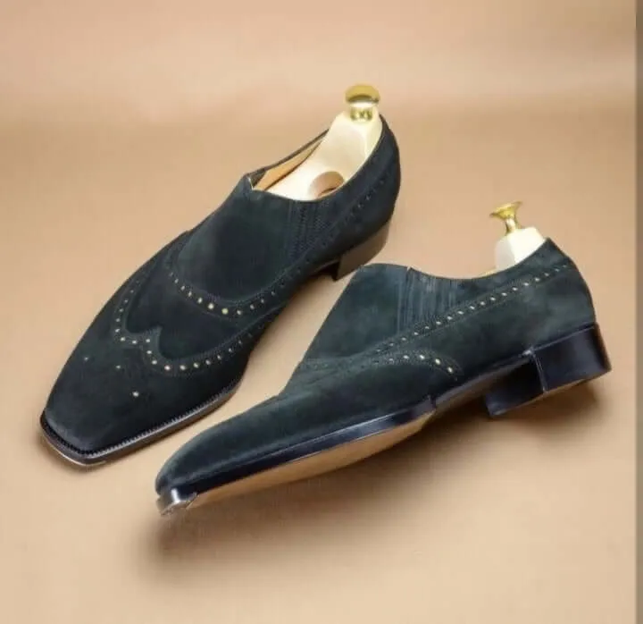 Handmade Black Color Suede Shoes, Men's Loafer Slip On Wing Tip Stylish Shoes