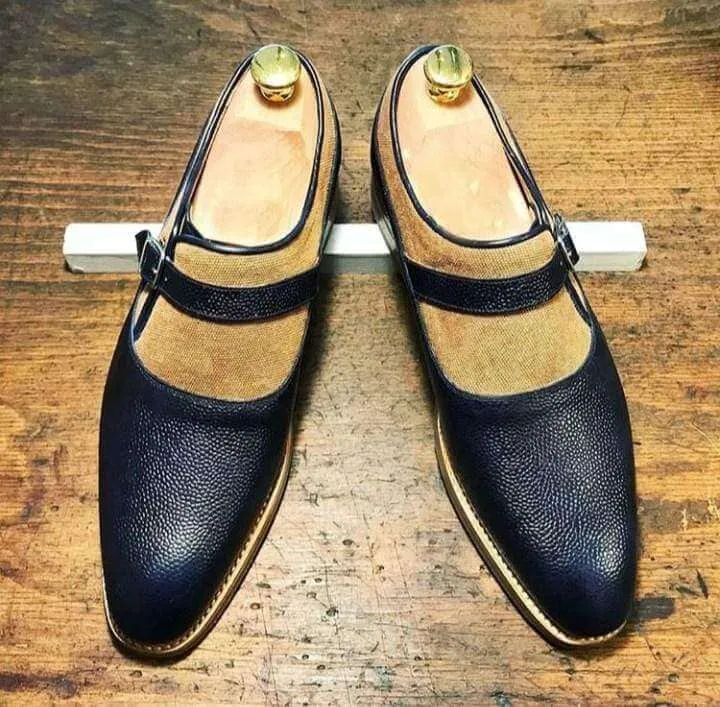 Handmade Men's Black Beige Leather Suede Monk Strap Shoes