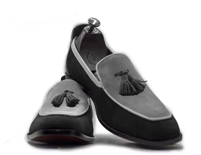 Handmade Men's Black Gray Loafer Shoes, Men Suede Leather Shoes