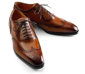 Handmade Men's Leather Brown Wing Tip Brogue Shoes