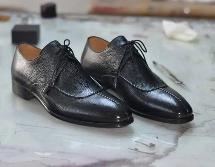 Handmade Men's Pebbled Leather Black Split Toe Shoes