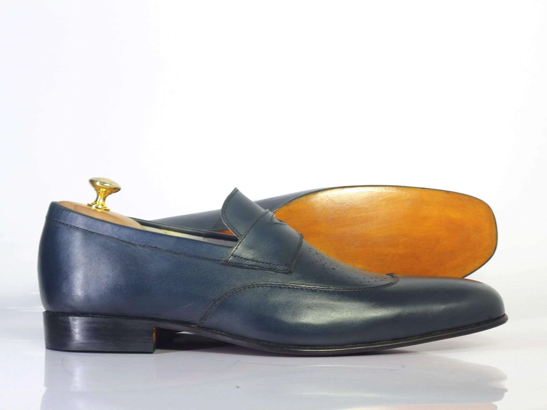 Handmade Navy Blue Penny Loafers Leather Shoes For Men's