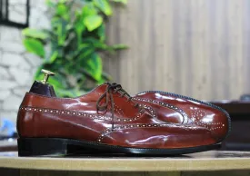 Handmade Pure Brown Lace Up Shoes, Men's Brogue Leather Wing Tip Shoes