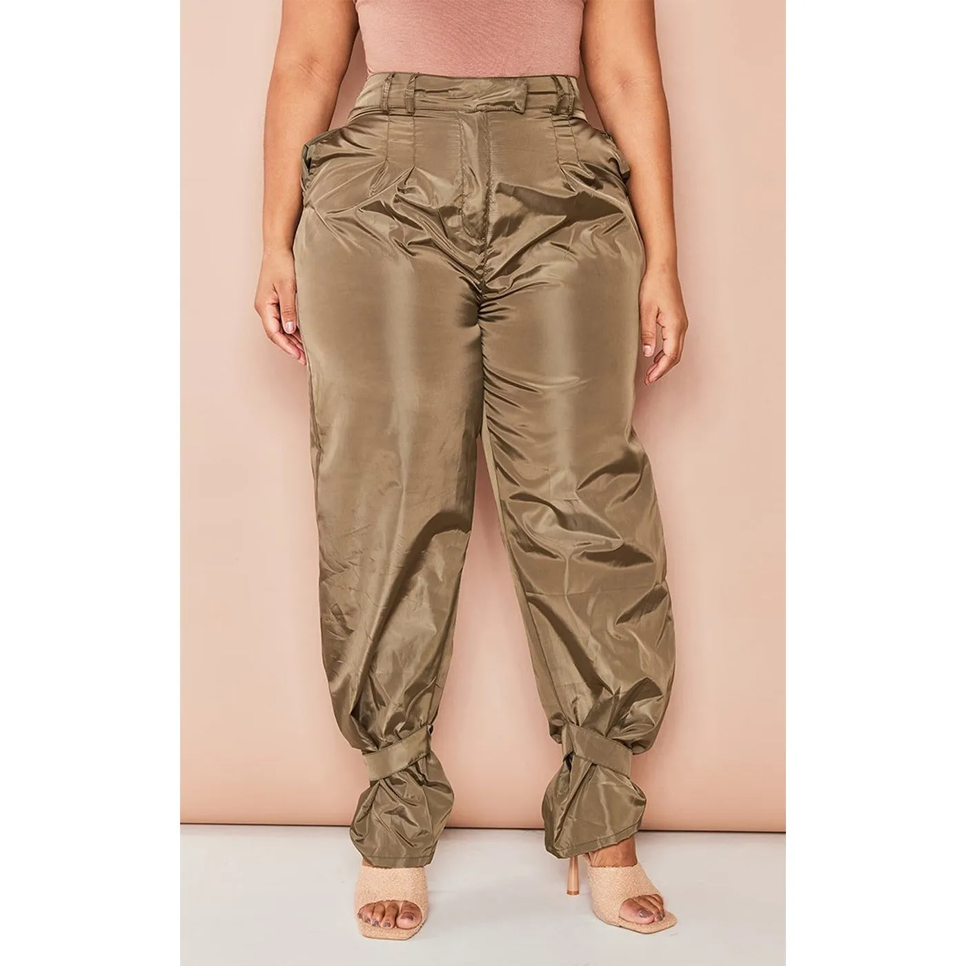 Khaki Tie Cuff Nylon Trousers