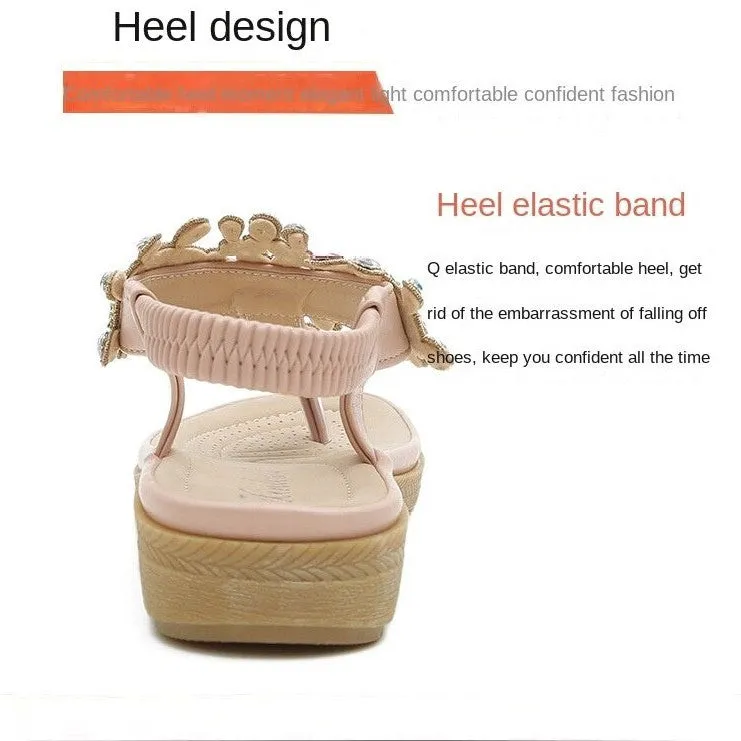 OCW Summer Round Toe Sandals For Women Soft Rhinestone Roman Crystal Platform