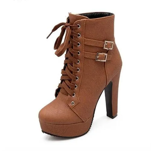 Plus Size Ankle Boots For Women Platform High Heels Female Lace Up Shoes Woman Buckle Short Boot Casual Ladies Footwear