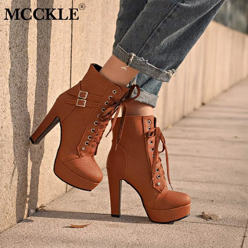 Plus Size Ankle Boots For Women Platform High Heels Female Lace Up Shoes Woman Buckle Short Boot Casual Ladies Footwear