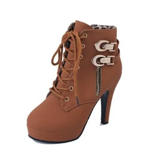 Plus Size Ankle Boots For Women Platform High Heels Female Lace Up Shoes Woman Buckle Short Boot Casual Ladies Footwear