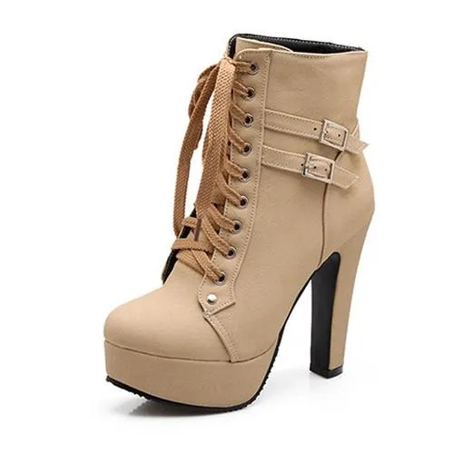 Plus Size Ankle Boots For Women Platform High Heels Female Lace Up Shoes Woman Buckle Short Boot Casual Ladies Footwear