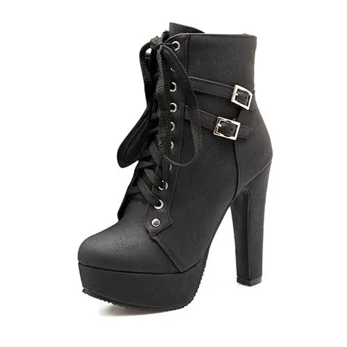 Plus Size Ankle Boots For Women Platform High Heels Female Lace Up Shoes Woman Buckle Short Boot Casual Ladies Footwear