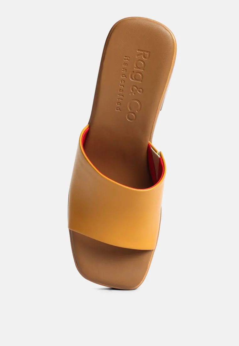 SCANDAL Slip on Block Heel Sandals in Tan