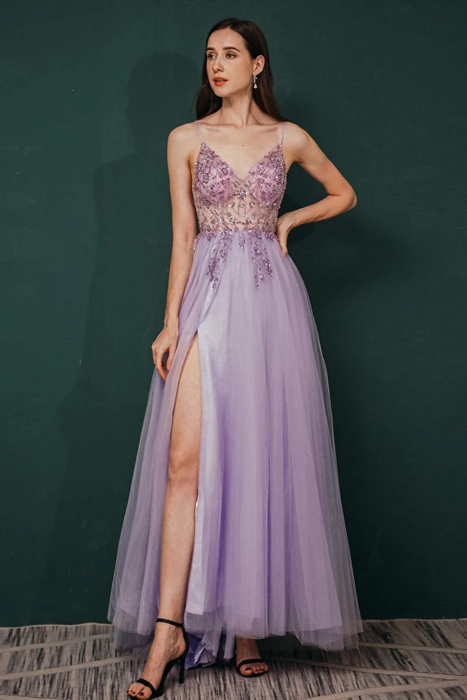 Straps A-Line Beading Rose Split Tulle Prom Dress with Crystal   PSK006