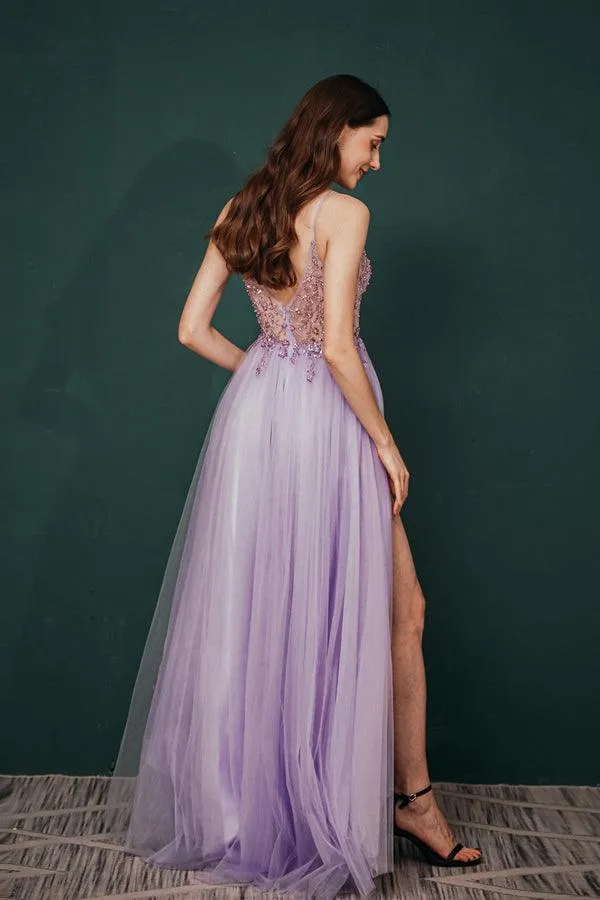 Straps A-Line Beading Rose Split Tulle Prom Dress with Crystal   PSK006