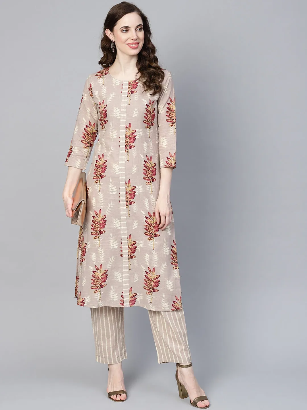 Women Beige & Pink Printed Kurta Set