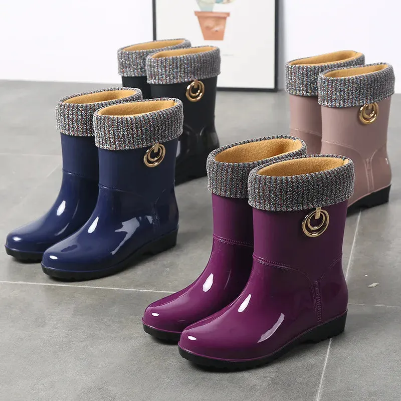 Women Fashion Boots Waterproof Rubber Work Water Shoes Winter Middle Tube Plus Velvet Slip on Rain Boot - WRB50161